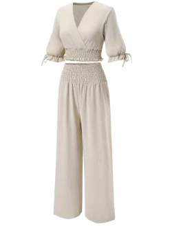 New Retro Stage 2PCS 1930s Solid V-Neck Smocked Top & Wide-Leg Pants