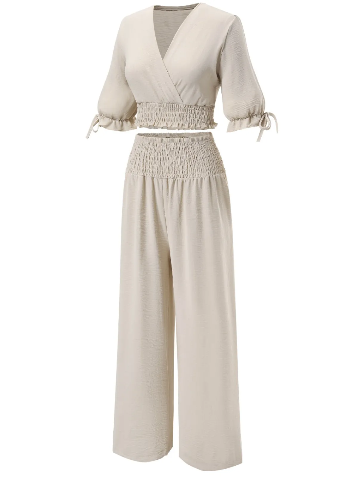 New Retro Stage 2PCS 1930s Solid V-Neck Smocked Top & Wide-Leg Pants