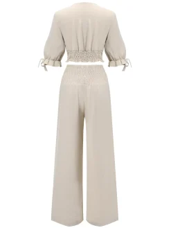 New Retro Stage 2PCS 1930s Solid V-Neck Smocked Top & Wide-Leg Pants