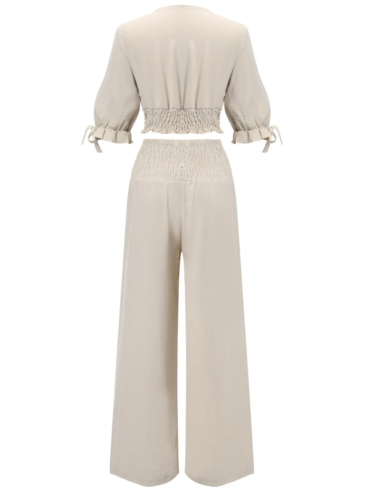 New Retro Stage 2PCS 1930s Solid V-Neck Smocked Top & Wide-Leg Pants