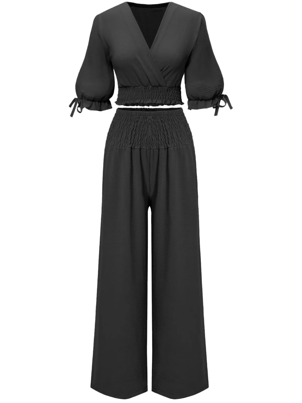 New Retro Stage 2PCS 1930s Solid V-Neck Smocked Top & Wide-Leg Pants
