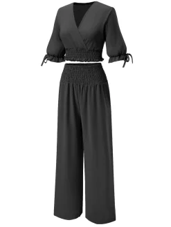 New Retro Stage 2PCS 1930s Solid V-Neck Smocked Top & Wide-Leg Pants