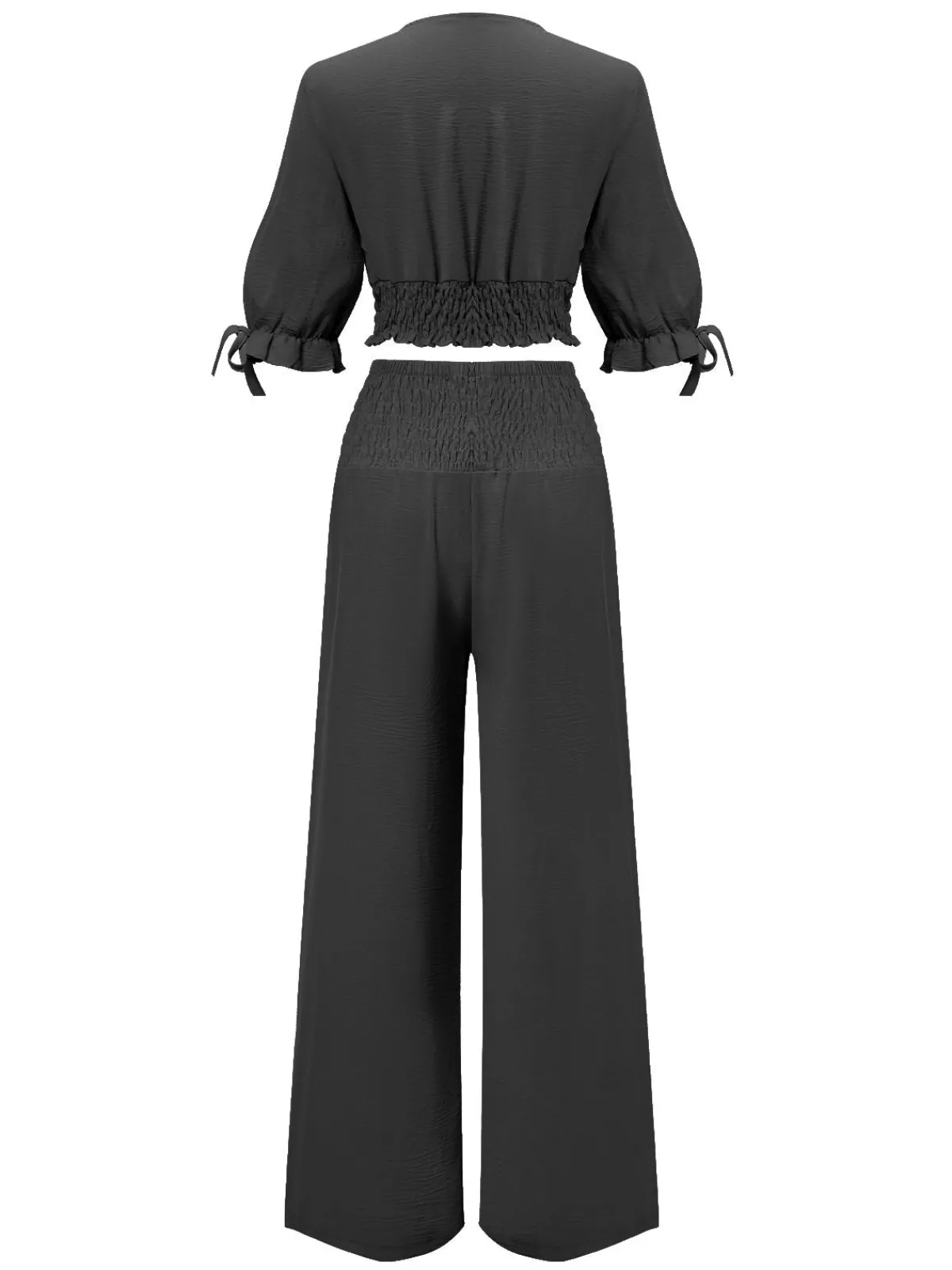 New Retro Stage 2PCS 1930s Solid V-Neck Smocked Top & Wide-Leg Pants