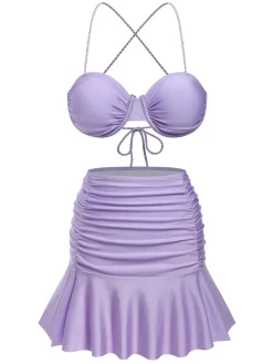 Outlet Retro Stage 3PCS 1930s Spaghetti Strap Solid Bikini Set