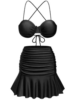 Outlet Retro Stage 3PCS 1930s Spaghetti Strap Solid Bikini Set