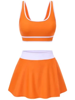 Hot Retro Stage 2PCS 1940s Square Neck Side Slit Colorblock Skirt Swimsuit