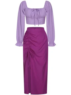 Fashion Retro Stage 2PCS 1930s Square Neck Trumpet Sleeve Top & Pleated Skirt