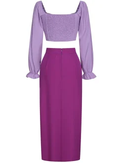 Fashion Retro Stage 2PCS 1930s Square Neck Trumpet Sleeve Top & Pleated Skirt