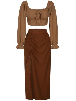 Fashion Retro Stage 2PCS 1930s Square Neck Trumpet Sleeve Top & Pleated Skirt