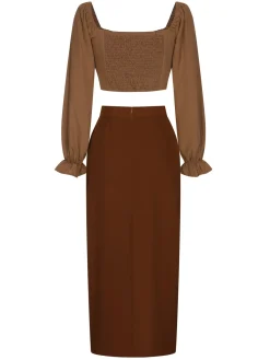 Fashion Retro Stage 2PCS 1930s Square Neck Trumpet Sleeve Top & Pleated Skirt