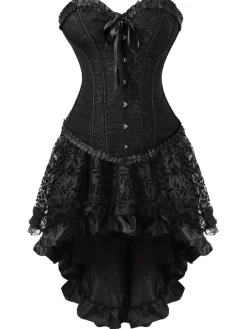 Clearance Retro Stage 2PCS 1970s Steampunk Lace Corset & High Low Skirt