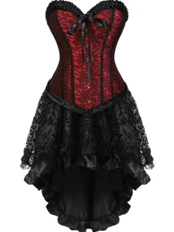 Clearance Retro Stage 2PCS 1970s Steampunk Lace Corset & High Low Skirt
