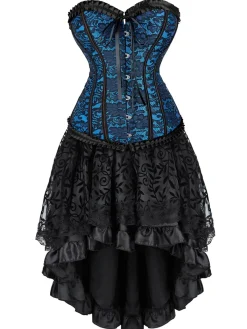 Clearance Retro Stage 2PCS 1970s Steampunk Lace Corset & High Low Skirt