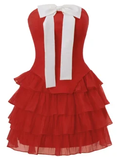 Best Retro Stage 2PCS 1950s Strapless Bow Top & Tiered-Tulle Skirt True Red