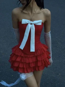 Best Retro Stage 2PCS 1950s Strapless Bow Top & Tiered-Tulle Skirt True Red