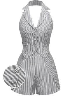 Sale Retro Stage 2PCS 1950s Stripes Lapel Sleeveless Vest & Pocket Shorts Grey