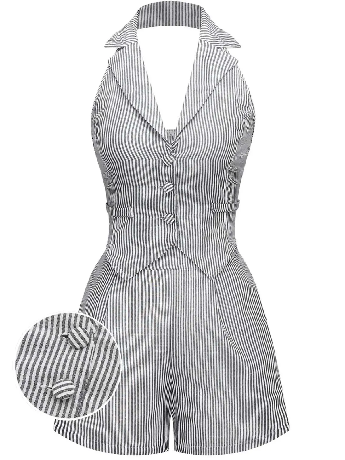 Sale Retro Stage 2PCS 1950s Stripes Lapel Sleeveless Vest & Pocket Shorts Grey