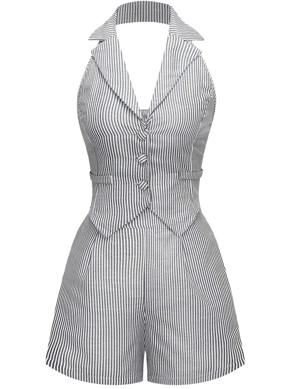 Sale Retro Stage 2PCS 1950s Stripes Lapel Sleeveless Vest & Pocket Shorts Grey
