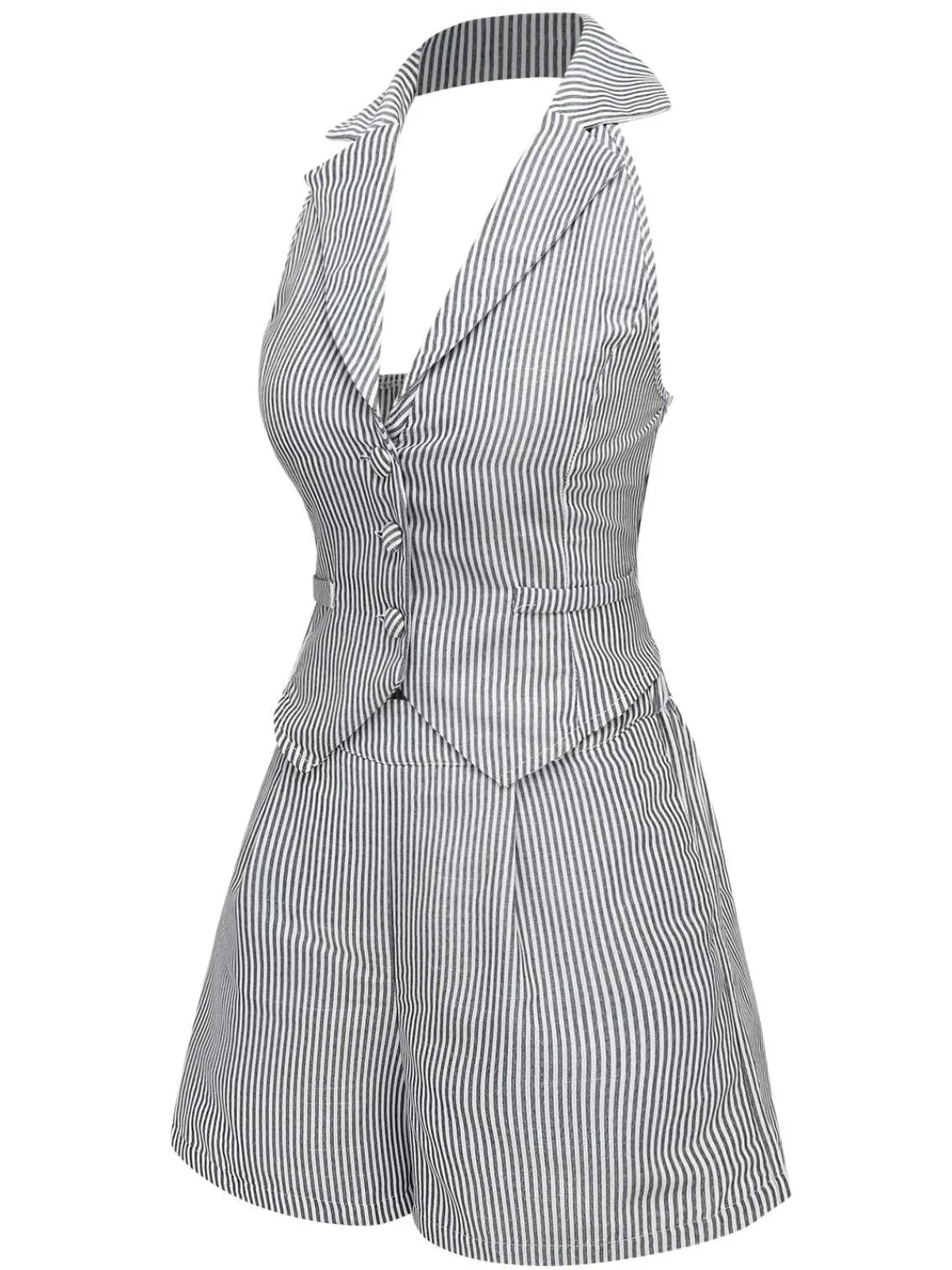 Sale Retro Stage 2PCS 1950s Stripes Lapel Sleeveless Vest & Pocket Shorts Grey