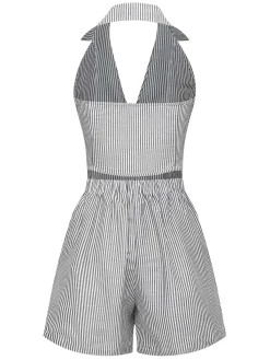 Sale Retro Stage 2PCS 1950s Stripes Lapel Sleeveless Vest & Pocket Shorts Grey