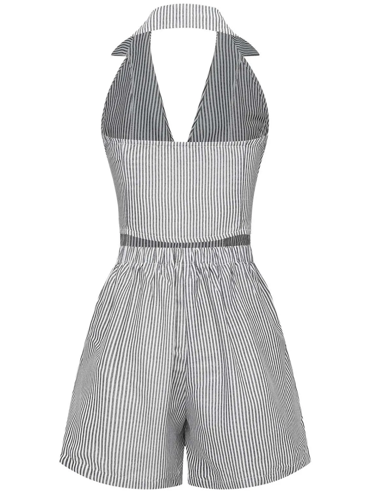 Sale Retro Stage 2PCS 1950s Stripes Lapel Sleeveless Vest & Pocket Shorts Grey
