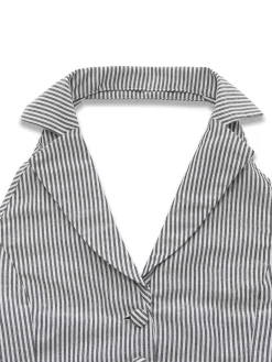 Sale Retro Stage 2PCS 1950s Stripes Lapel Sleeveless Vest & Pocket Shorts Grey