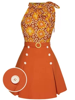 Fashion Retro Stage 2PCS 1960s Tie Neck Floral Top & Button Solid Skirt