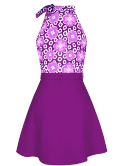 Fashion Retro Stage 2PCS 1960s Tie Neck Floral Top & Button Solid Skirt