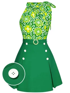 Fashion Retro Stage 2PCS 1960s Tie Neck Floral Top & Button Solid Skirt