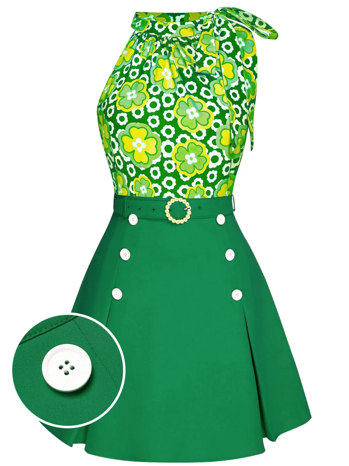 Fashion Retro Stage 2PCS 1960s Tie Neck Floral Top & Button Solid Skirt