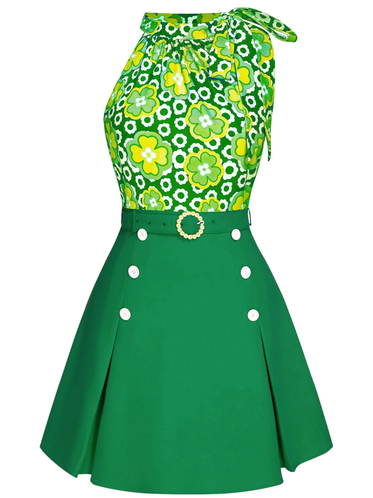 Fashion Retro Stage 2PCS 1960s Tie Neck Floral Top & Button Solid Skirt