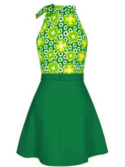 Fashion Retro Stage 2PCS 1960s Tie Neck Floral Top & Button Solid Skirt
