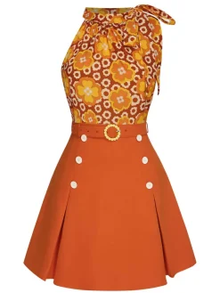 Fashion Retro Stage 2PCS 1960s Tie Neck Floral Top & Button Solid Skirt