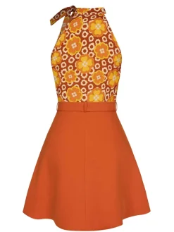 Fashion Retro Stage 2PCS 1960s Tie Neck Floral Top & Button Solid Skirt