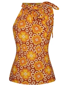 Fashion Retro Stage 2PCS 1960s Tie Neck Floral Top & Button Solid Skirt