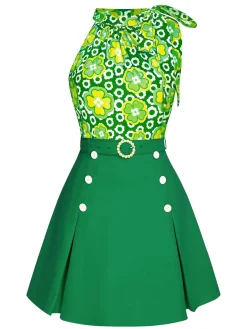 Best Retro Stage 2PCS 1960s Tie Neck Floral Top & Button Solid Skirt