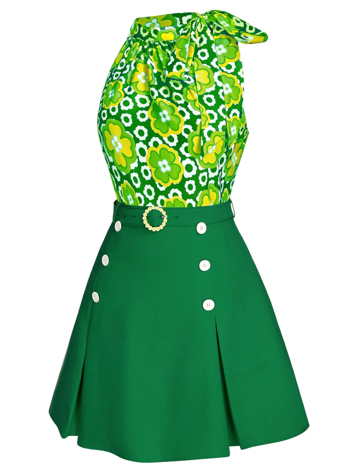 Best Retro Stage 2PCS 1960s Tie Neck Floral Top & Button Solid Skirt