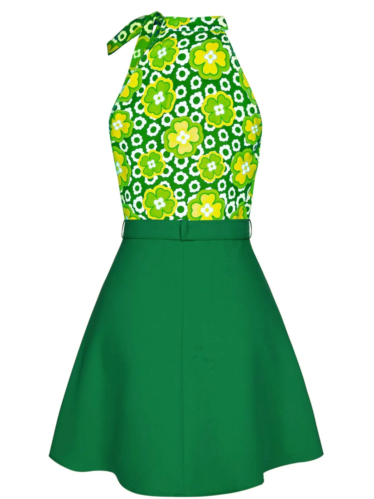 Best Retro Stage 2PCS 1960s Tie Neck Floral Top & Button Solid Skirt