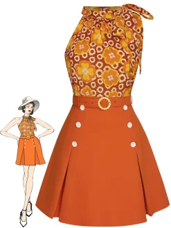 Best Retro Stage 2PCS 1960s Tie Neck Floral Top & Button Solid Skirt