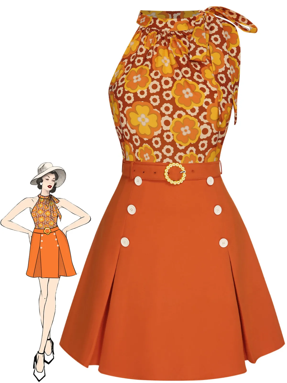 Best Retro Stage 2PCS 1960s Tie Neck Floral Top & Button Solid Skirt