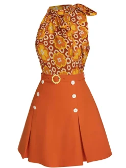 Best Retro Stage 2PCS 1960s Tie Neck Floral Top & Button Solid Skirt