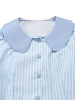 Best Retro Stage 2PCS 1960s Vertical Stripes Peter Pan Collar Blouse & Skirt