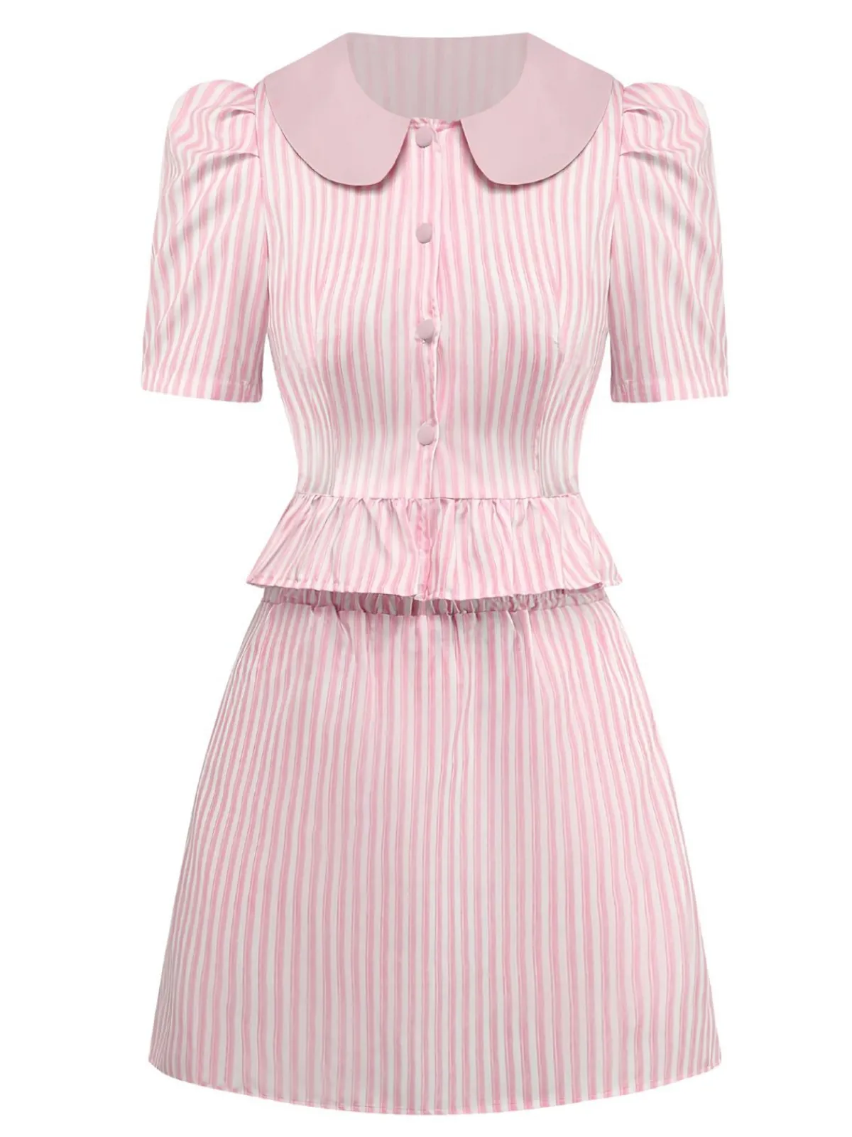 Best Retro Stage 2PCS 1960s Vertical Stripes Peter Pan Collar Blouse & Skirt