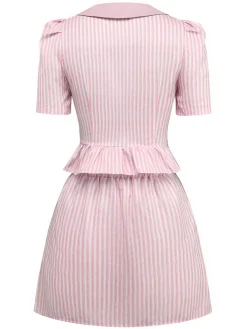 Best Retro Stage 2PCS 1960s Vertical Stripes Peter Pan Collar Blouse & Skirt