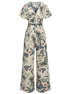 Best Retro Stage 2PCS 1930s V-Neck Floral Wrap Top & Wide-Leg Jumpsuit Multicolor