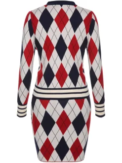 Discount Retro Stage 2PCS 1960s V-Neck Plaids Knitted Cardigan & Skirt Multicolor