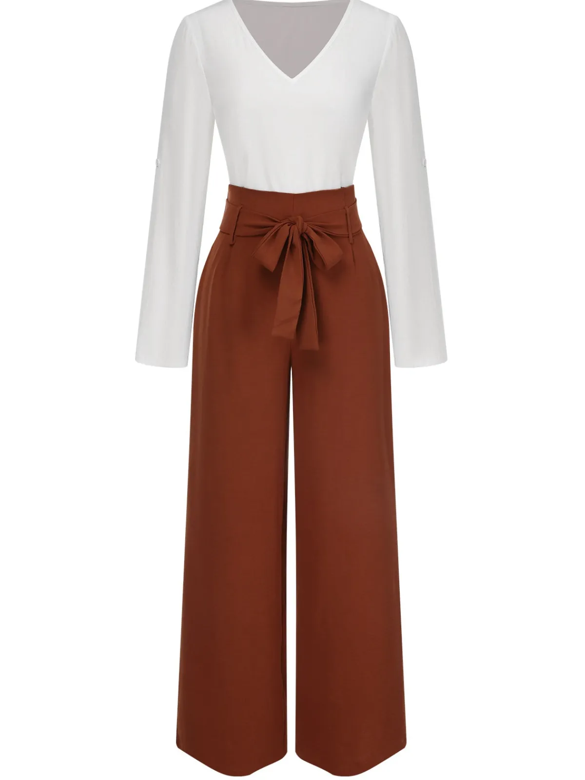 Sale Retro Stage 2PCS 1930s V-Neck Top & Wide Leg Lounge Pants Brick Red