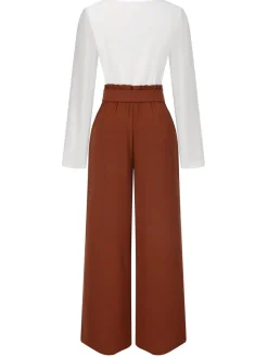 Sale Retro Stage 2PCS 1930s V-Neck Top & Wide Leg Lounge Pants Brick Red