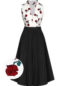 New Retro Stage 2PCS 1950s White Roses Top & Black Skirt White & Black