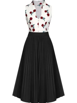 New Retro Stage 2PCS 1950s White Roses Top & Black Skirt White & Black